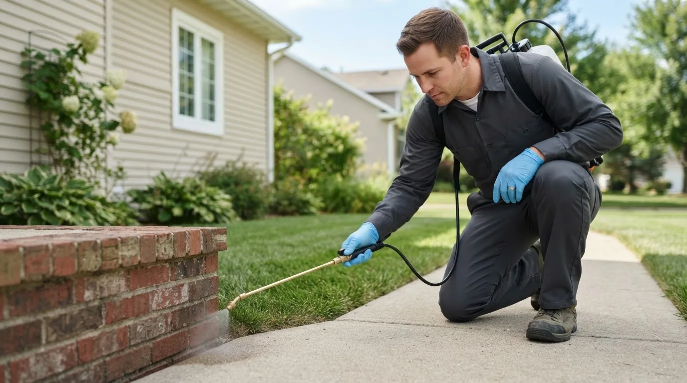 Pest control technician treating a home near Buckingham, IA
