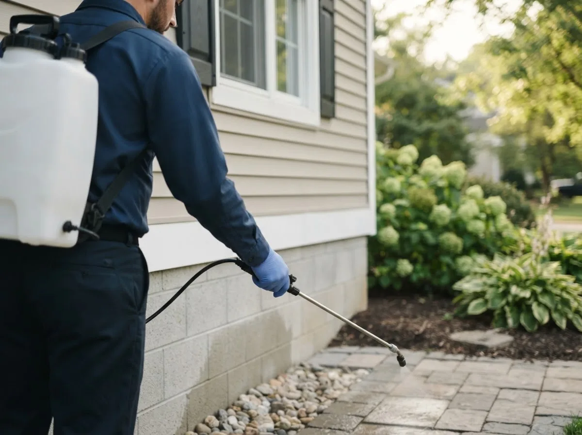 Pest control technician inspecting a home in Buckingham, IA